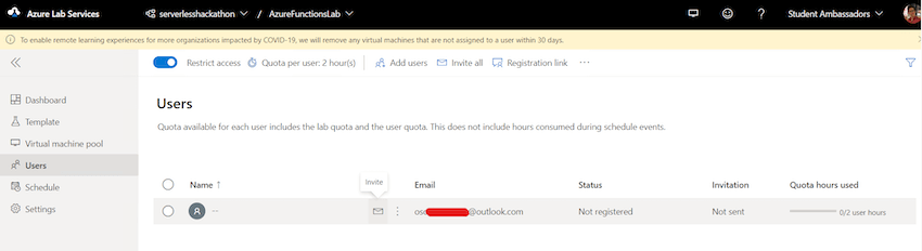 invite button to send an email with the registration link and a message
